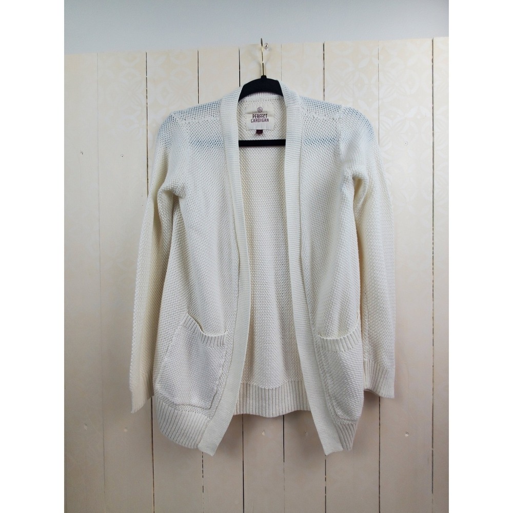 Cream Cardigan Open Knit Open Front Textured Knit Pocket Sweater Medium